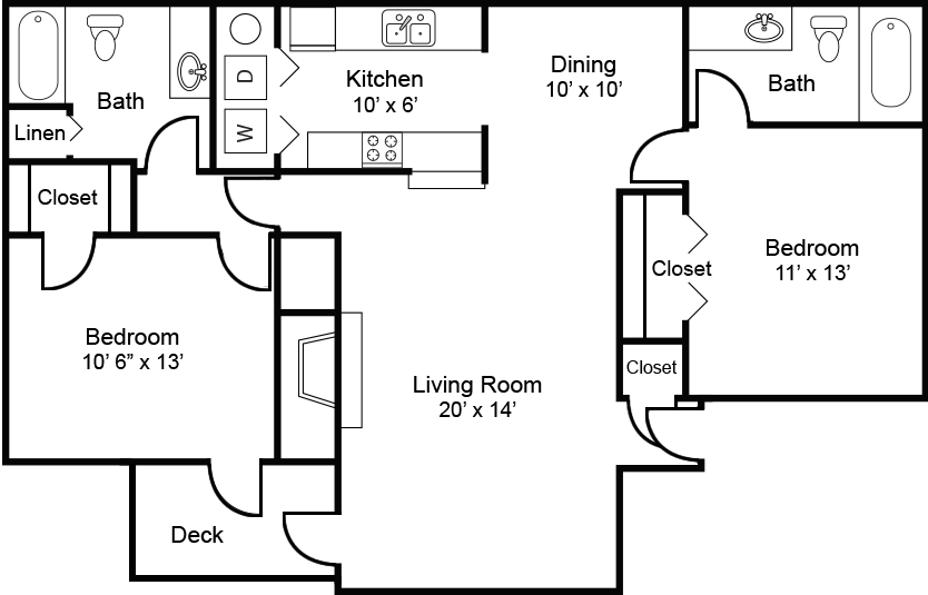 Floor plan for 2 beds, 2 baths, 1200 sqft